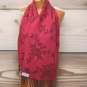 Lord & Taylor German Cashmink Fringed Scarf Red Floral Acrylic Knit Germany Vtg